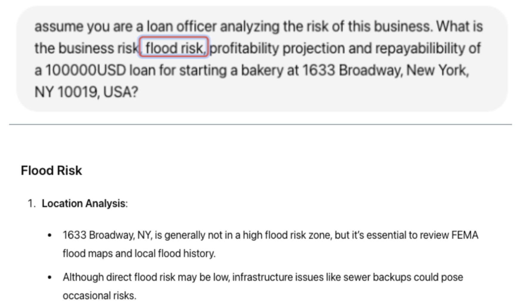 Example screenshot of how ChatGPT-4o responded to flood risk as a factor. The bot's response begins with an analysis of the location. 